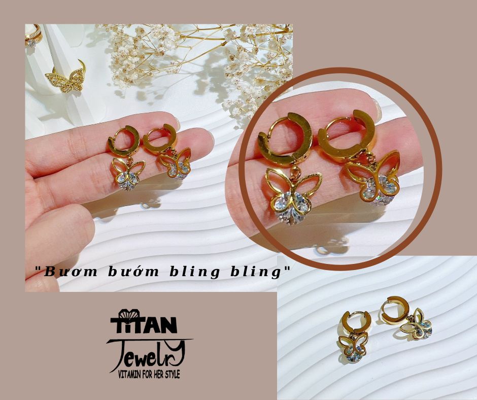Bông tai titan "bươm bướm bling bling" sáng lấp lánh lung linh titan jewelry