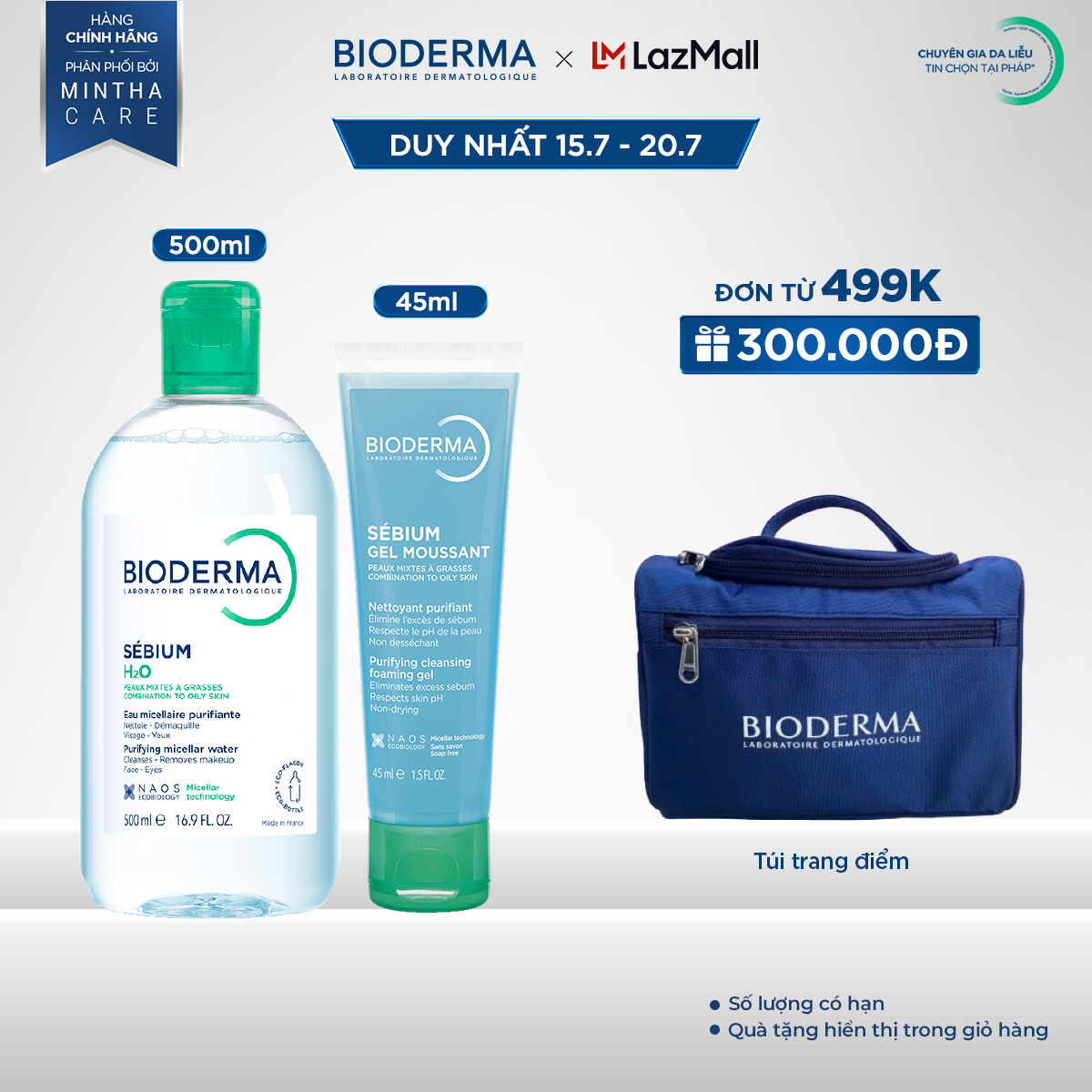Bộ nước tẩy trang và làm sạch micellar cho da dầu, mụn Bioderma Sebium H2O 500ml và gel rửa mặt tạo bọt 45ml