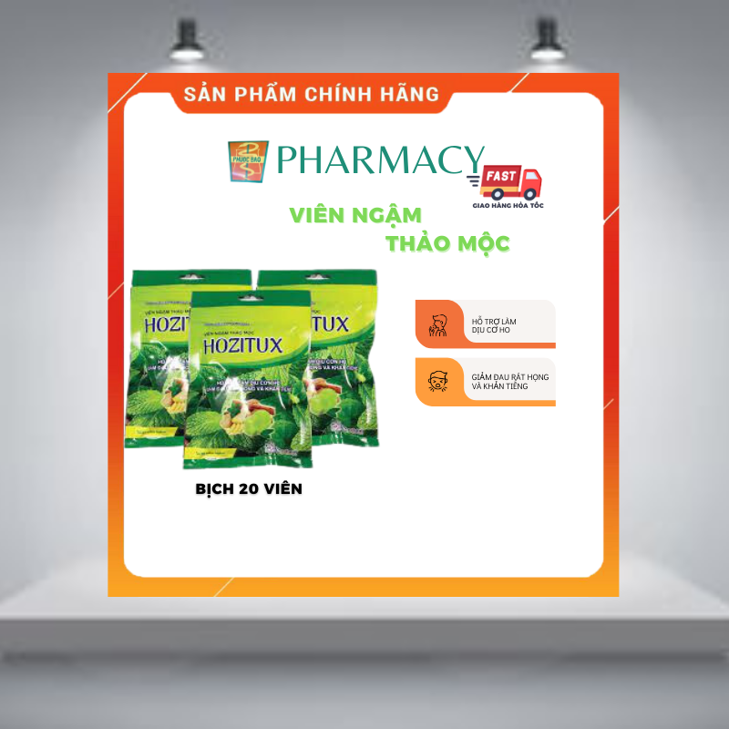 Kẹo ngậm thảo mộc Hozitux giảm ho, đau họng, khàn tiếng (bịch 20 viên)