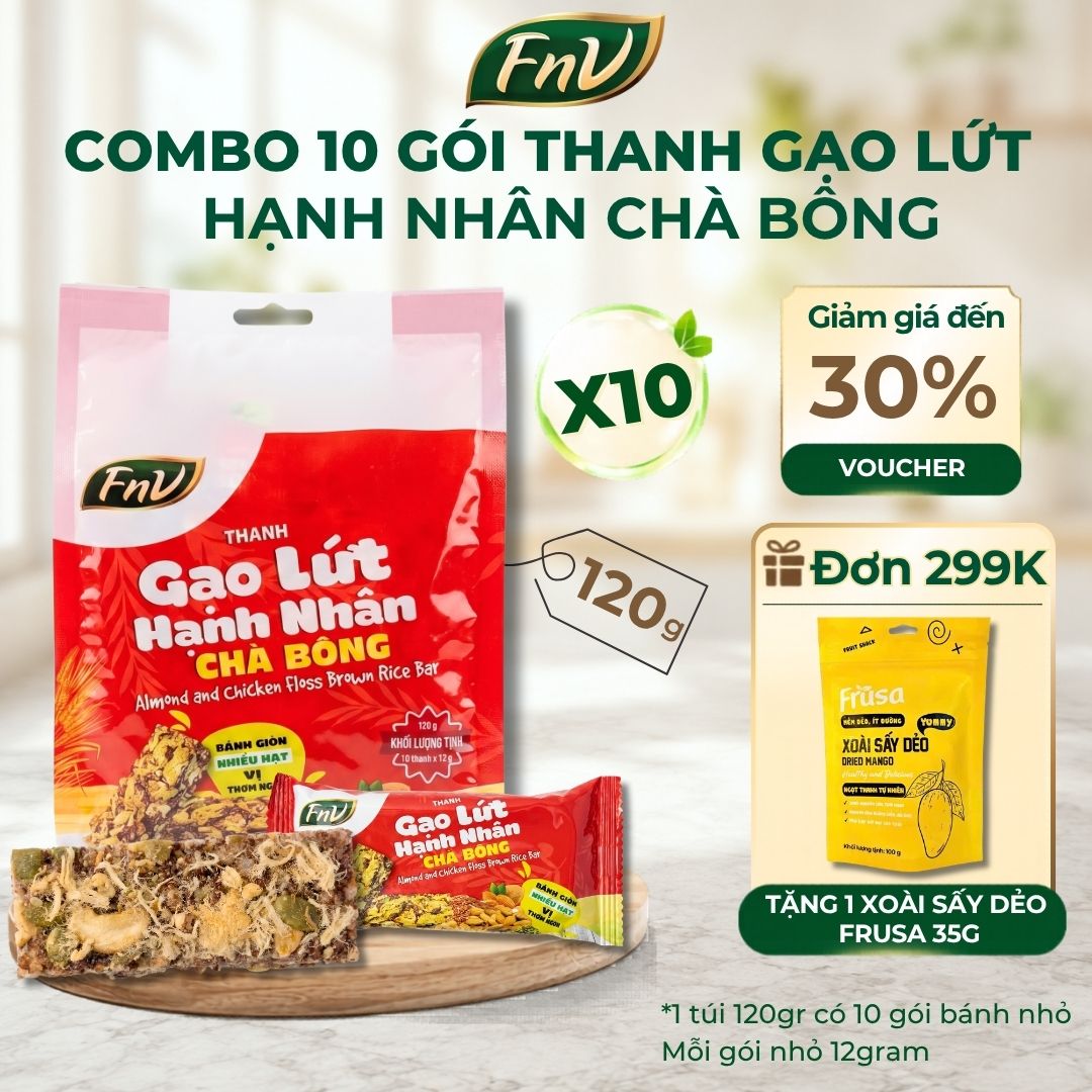 Combo 10 gói thanh gạo lứt hạnh nhân chà bông ăn vặt không đường ít calo FNV 10 gói x 120g