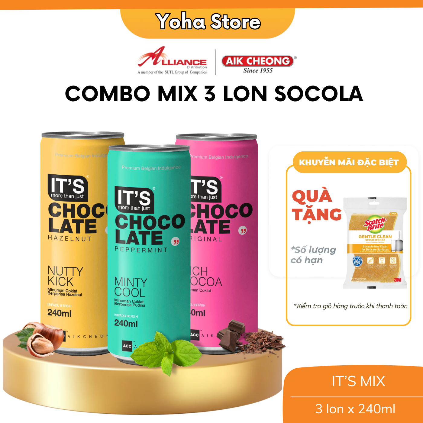 [Chính hãng] Combo 3 Lon Thức Uống Socola Aik Choeng Mix Vị Tiện Dụng (Nguyên Bản, Hạt Phỉ và Bạc Hà)