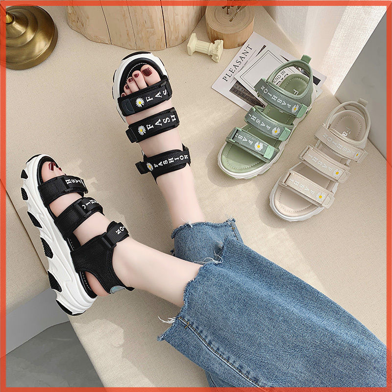 Sandal nữ Ulzang thời trang CAO CẤP 3 quai ngang hoa cúc gắn mác siêu đẹp nữ tính, Sandal nữ học sinh hàn quốc dễ thương đi chơi