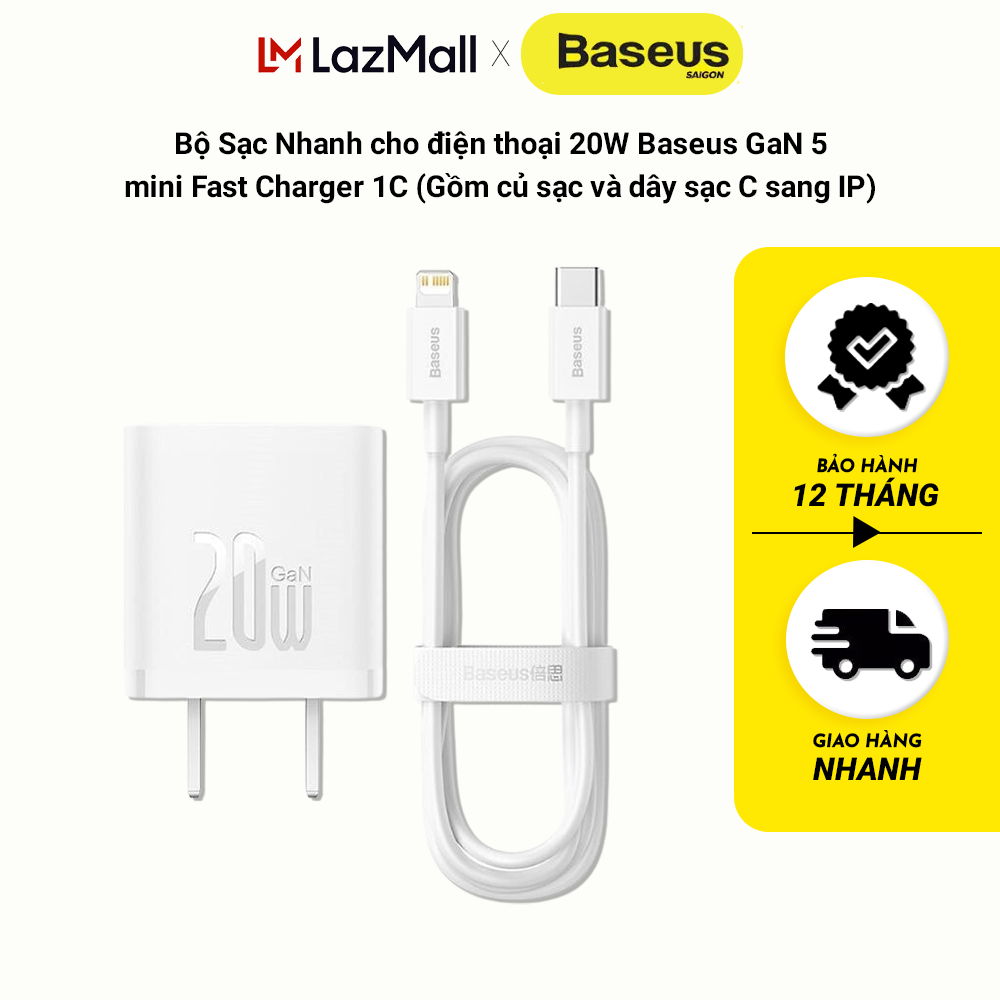 Củ sạc nhanh 20W Baseus gan 5 mini fast charger 1C cho iphone 14 pro max/13 pro max