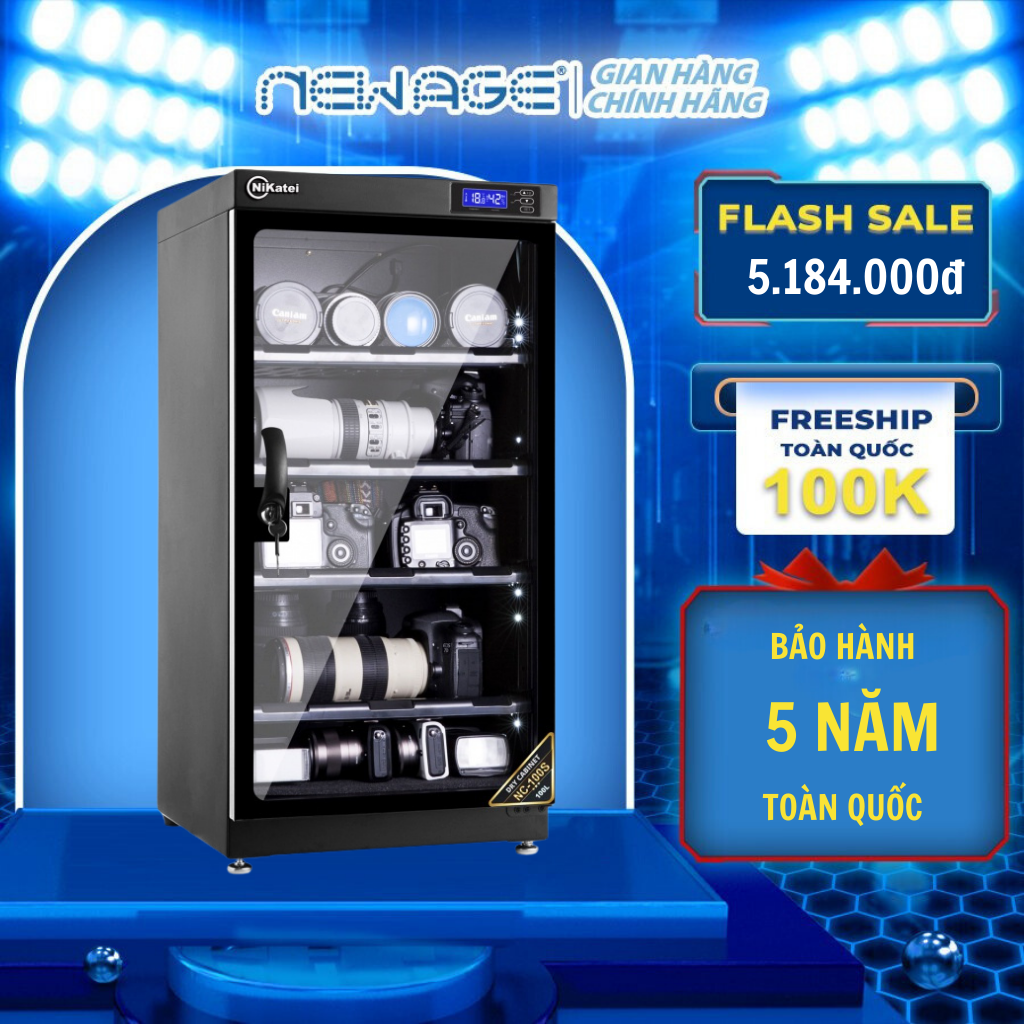 Tủ chống ẩm máy ảnh 100 lít Nikatei NC-100S, tủ hút ẩm 4 ngăn có đèn LED chiếu sáng, bảng điều khiển điện tử hiện đại, không ồn, tiết kiệm điện - Hàng chính hãng bảo hành 5 năm