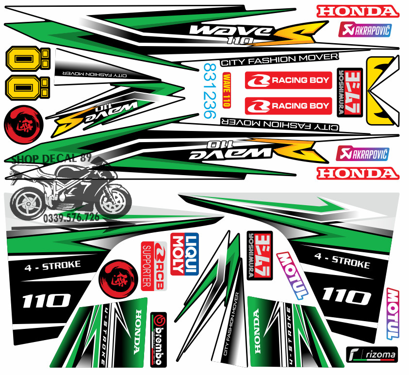 Tem Rời WAVE ALPHA 110 Chữ S XANH LÁ TRẮNG VÀNG ĐEN mã 831236 (Tem 3 Lớp Chống Bay Màu)