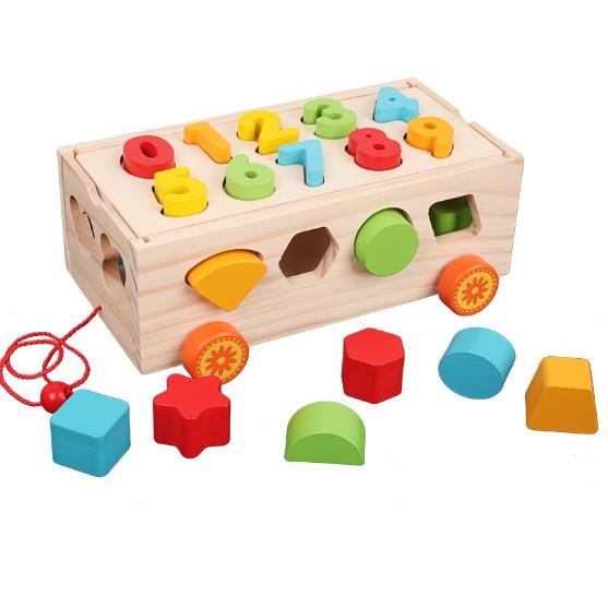 Đồ chơi giáo dục xe kéo thả hình khối và chở số cho bé - Đồ chơi phát triển tư duy cho bé