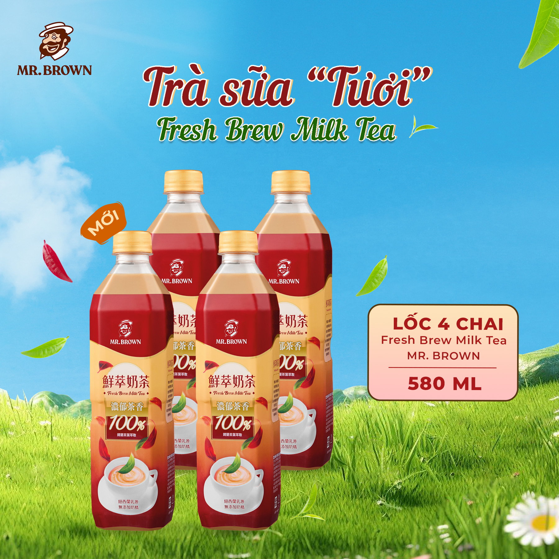 Lốc 4 chai Trà Sữa Tươi Mr.Brown - Fresh Brew Milk Tea (580ml) - Nhập Khẩu Đài Loan