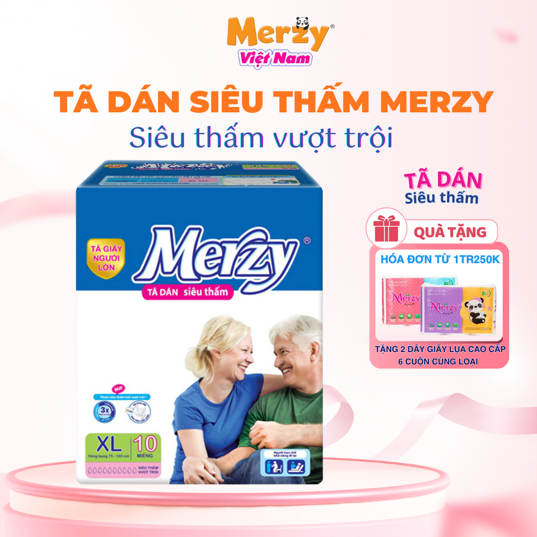 Tã Dán Người Già Merzy Siêu Thấm Hút Khô Thoáng - Size XL10 Miếng [ĐƠN 1TR250 TẶNG 1 GVS 6 CUỘN]