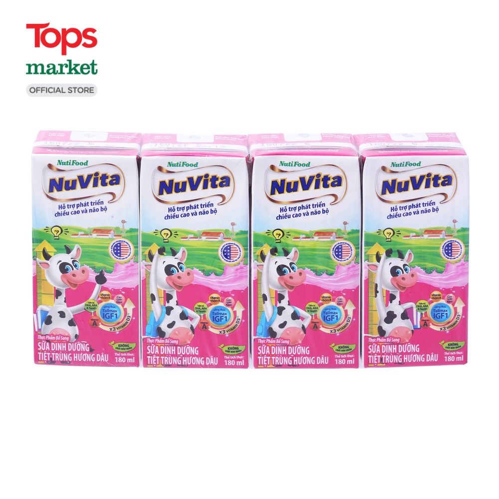 Lốc 4 Hộp Sữa Tiệt Trùng Nuvita Vị Dâu 180ML - Siêu Thị Tops Market