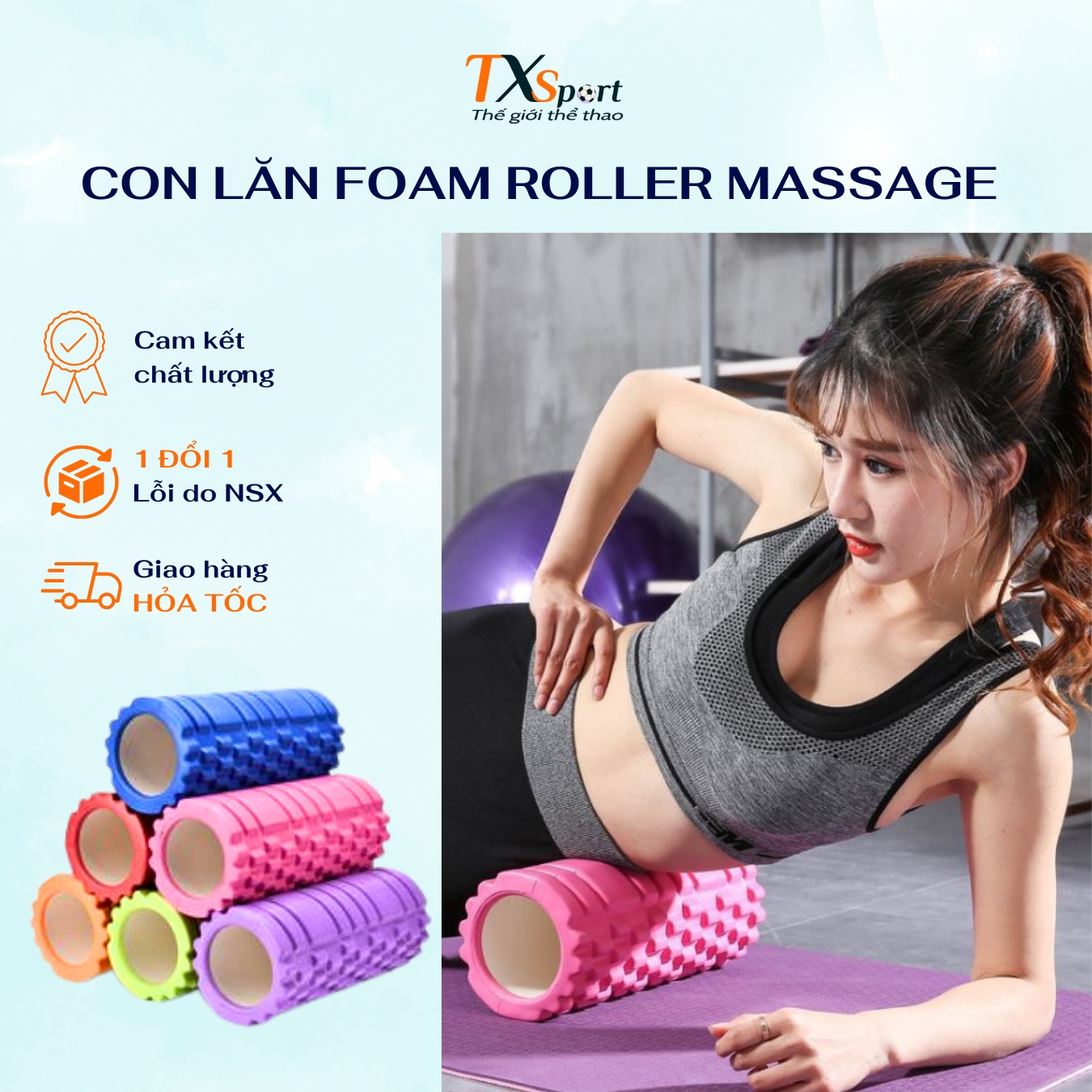 Con lăn Foam Roller massage cơ thể giãn cơ Gym Fitness Yoga TXsport cao su tự nhiên an toàn