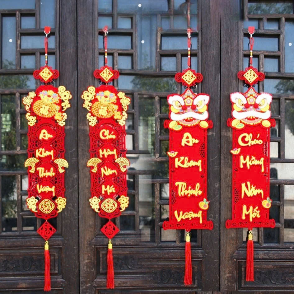  Cặp Liễn Nhung Câu Đối Lân - Túi Vàng - Mẫu đẹp Nhung Chúc Mừng Năm Mới An Khang Thịnh Vượng - 