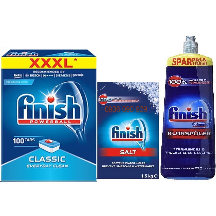 Viên rửa chén bát ly finish 100v + muối finish 1,5kg + nước làm bóng finish 1150ml ( bột rửa bát somat alio)