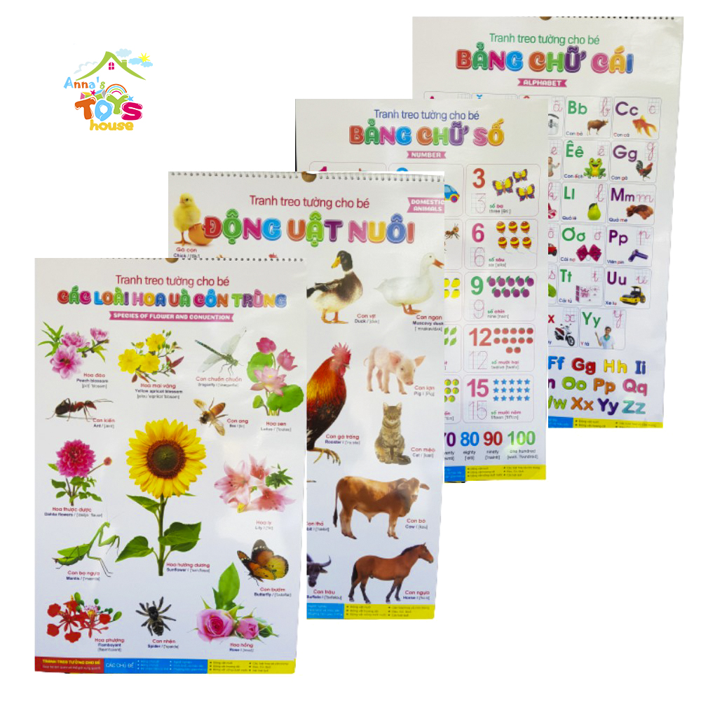 Bộ tranh học, bảng con vật cho bé treo tường, bộ tranh động vật, bảng chữ cái treo tường cho bé từ 0, 1, 2, 3, 4, 5 tuổi