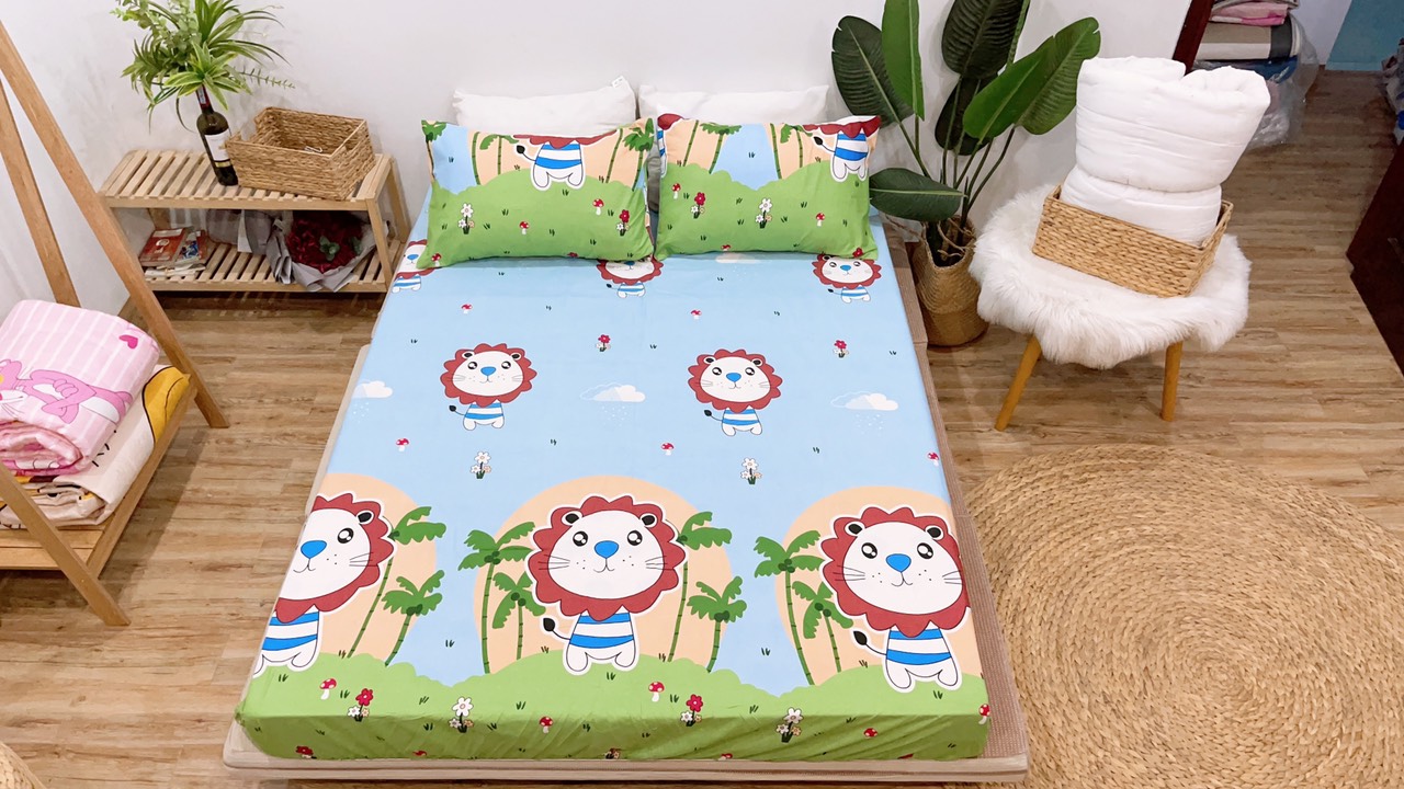 Set ga gối mẫu họa tiết sư tử mã p55 gồm : 1 ga , 2 vỏ gối nằm , 1 vỏ gối ôm