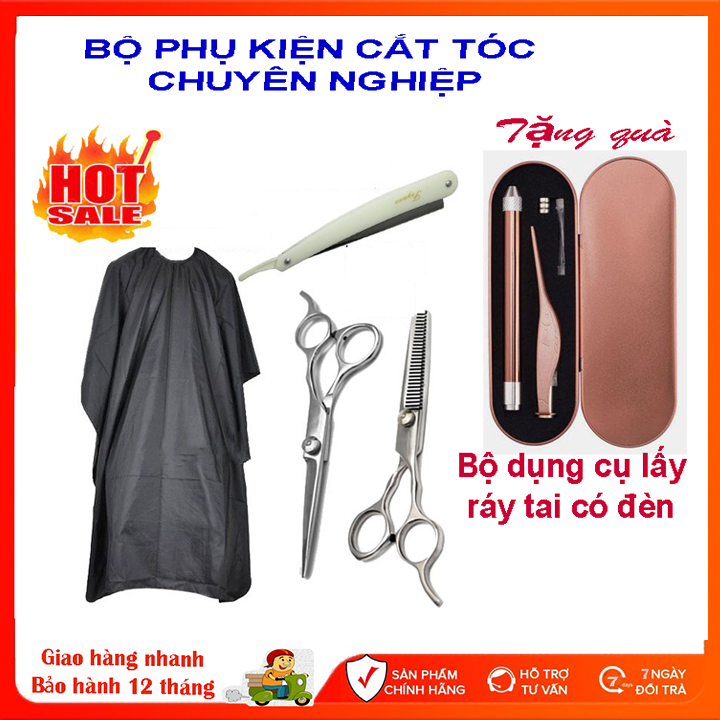 [Tặng quà 60K] Bộ 2 kéo cắt và tỉa tóc cao cấp chuyên dụng kèm dao cao cán gập, áo choàng dùng cho thợ cắt tóc salon tóc, bộ dụng cụ lấy ráy tai có đèn siêu sáng cao cấp, dụng cụ không thể thiếu cho mọi gia đình