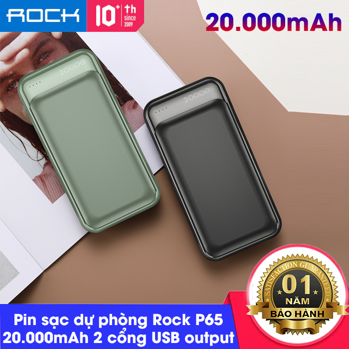 Pin sạc dự phòng Rock P65 Power Bank RMP0416 20000mAh Đèn LED hiển thị dung lượng pin