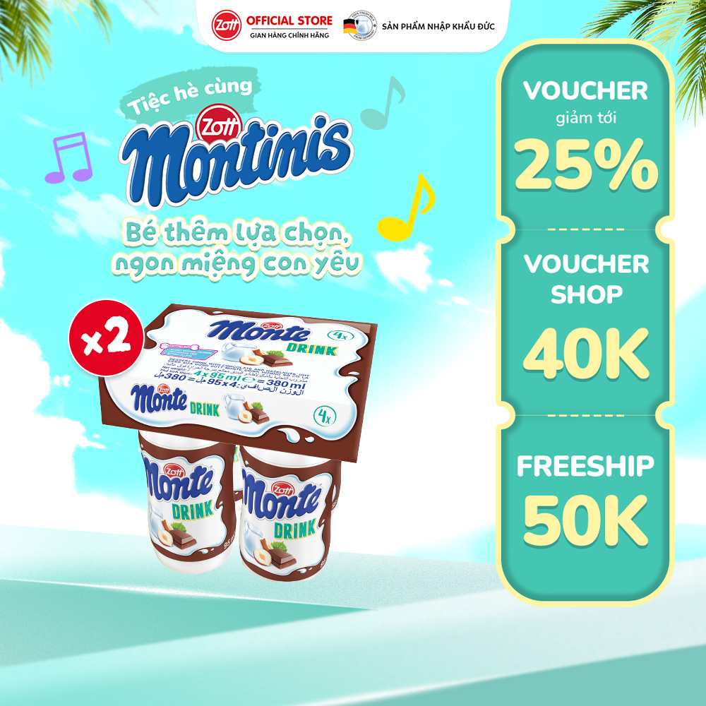 Giao Hoa Toc - Combo 2 Packs of Zott Monte Drink Milk Cream with Imported Chocolate Flavor (Blister Pack - 95ml X 4 Bottles)