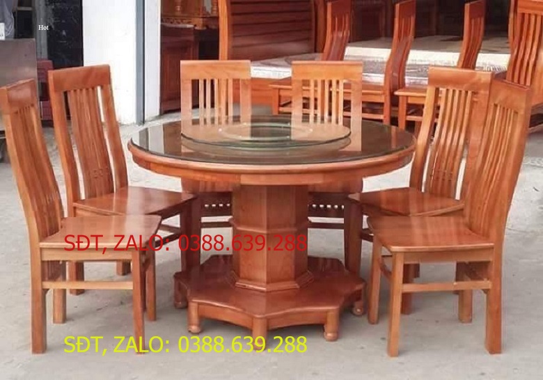 bộ bàn ghế ăn gỗ sồi nga bàn tròn xoay 6 ghế .