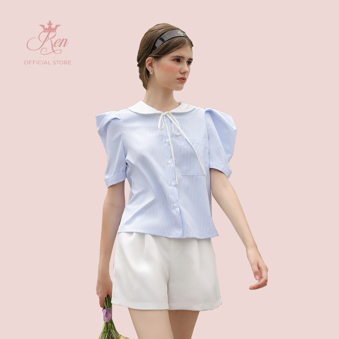 Ren by tee - áo sọc phối cổ cánh sen trắng