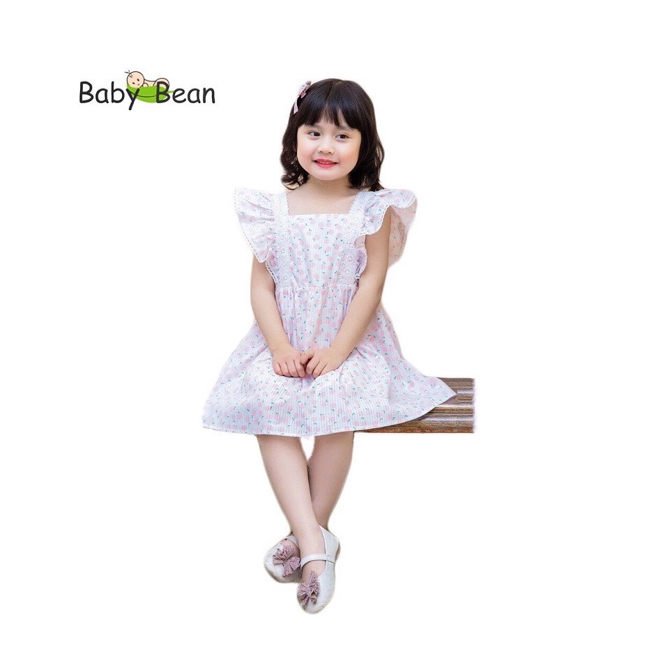 Váy Đầm Cotton Cổ Vuông Tay Cánh Tiên Bèo Phối Ren Bé Gái BabyBean