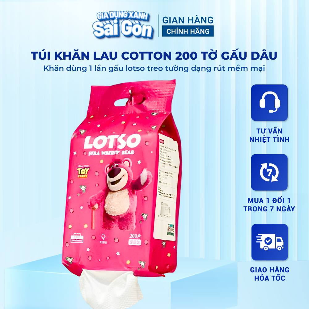 Túi khăn lau cotton 200 tờ Gấu Dâu đa năng 20x20cm - khăn dùng 1 lần gấu lotso treo tường dạng rút mềm mại an toàn cho da, khăn giấy vệ sinh treo tường 4 lớp bột gỗ nguyên sinh,  giấy ăn siêu dai loại đẹp và mềm mịn