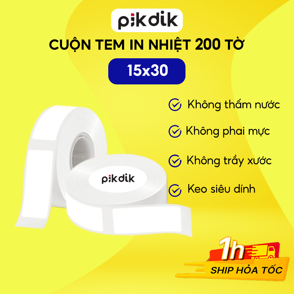 Giấy in tem nhãn khổ 15x30mm Pikdik D11 in nhãn, logo, sticker, in giá sản phẩm cuộn 200 tờ