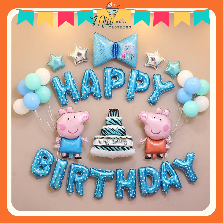 Set bong bóng happy birthday trang trí sinh nhật cho bé chủ đề heo Peppa kèm bơm