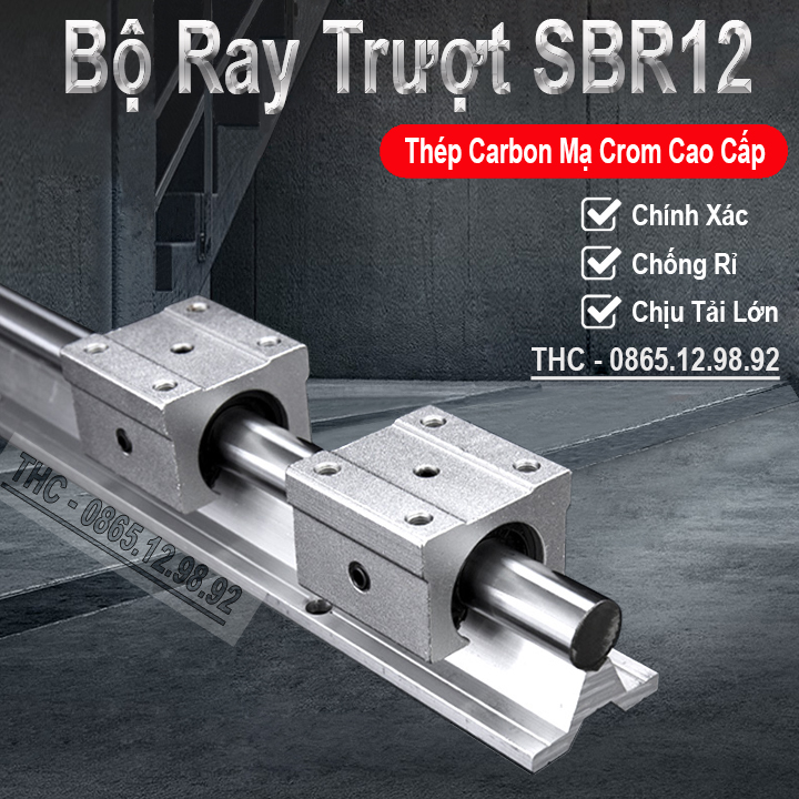 Thanh Ray Trượt Tròn Có Đế Phi 12mm (1 Thanh Ray SBR12 + 2 Con Trượt SBR12UU) Ray Trượt Chống Rỉ Xước Độ Cứng Cao