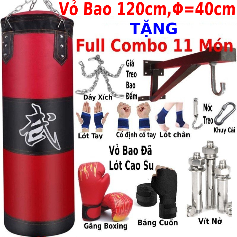 [Bao cát đấm bốc] Vỏ bao đấm bốc boxing người lớn trẻ em dài 105cm và 50cm, đường kính 35cm và 23cm tặng full combo 9 món phụ kiện găng tay dây xích móc