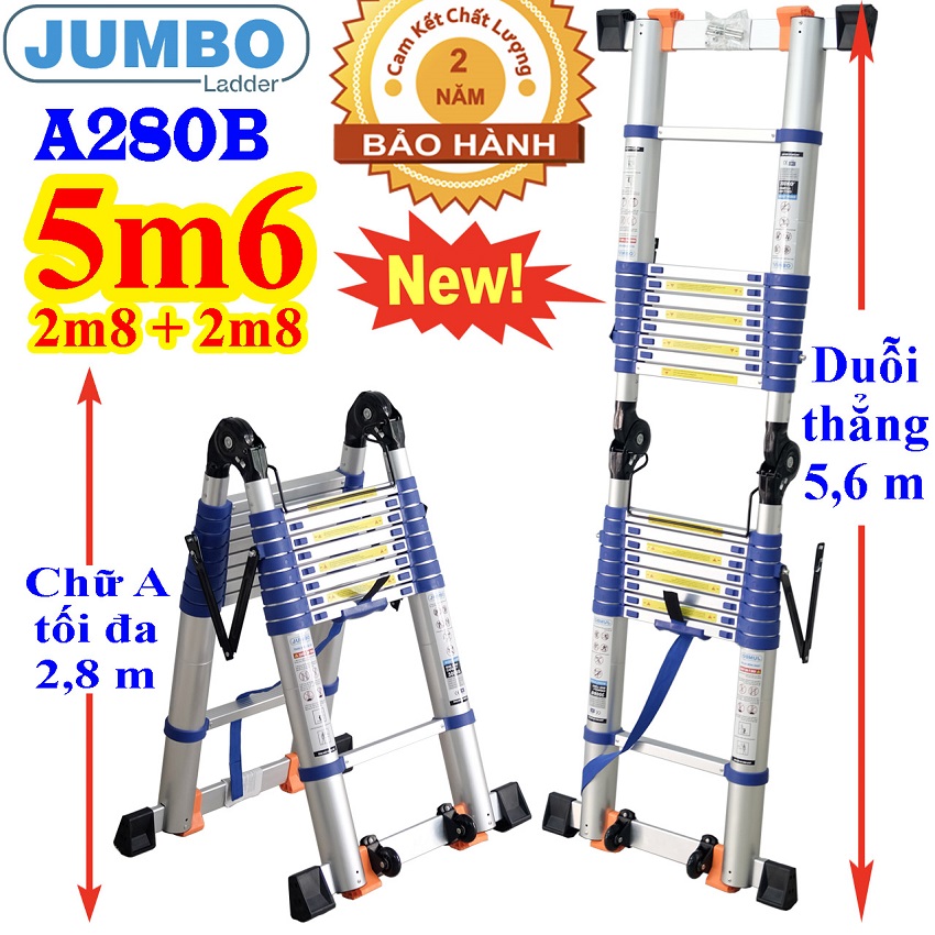 Thang nhôm rút đôi jumbo a280b new - chữ a 2,8m duỗi thẳng 5,6m đai xanh - tải trọng 300kg tải trọng 300kg, bảo hành 2 năm