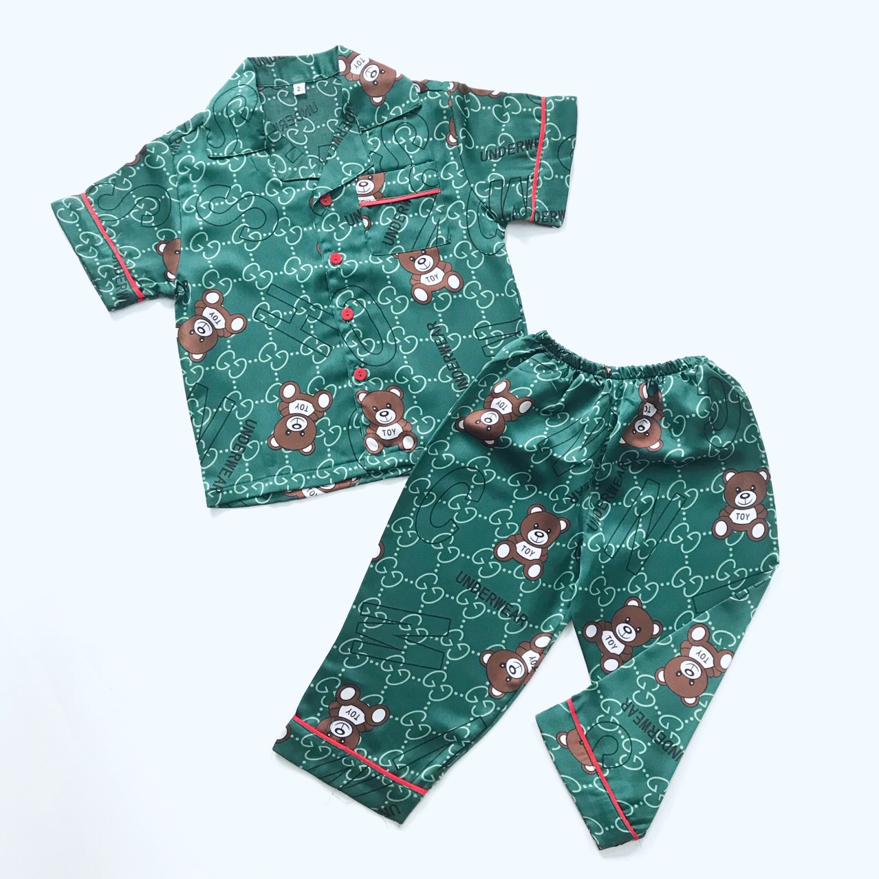 Pijama tay ngắn cho bé trai bé gái vải Lụa Satin hình Gấu xinh xắn size 10-40kg cho bé 1-9 tuổi