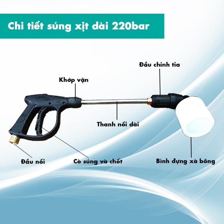 cò xịt lõi đồng kèm bình xà bông 220bar cho máy rửa xe ren 22mm