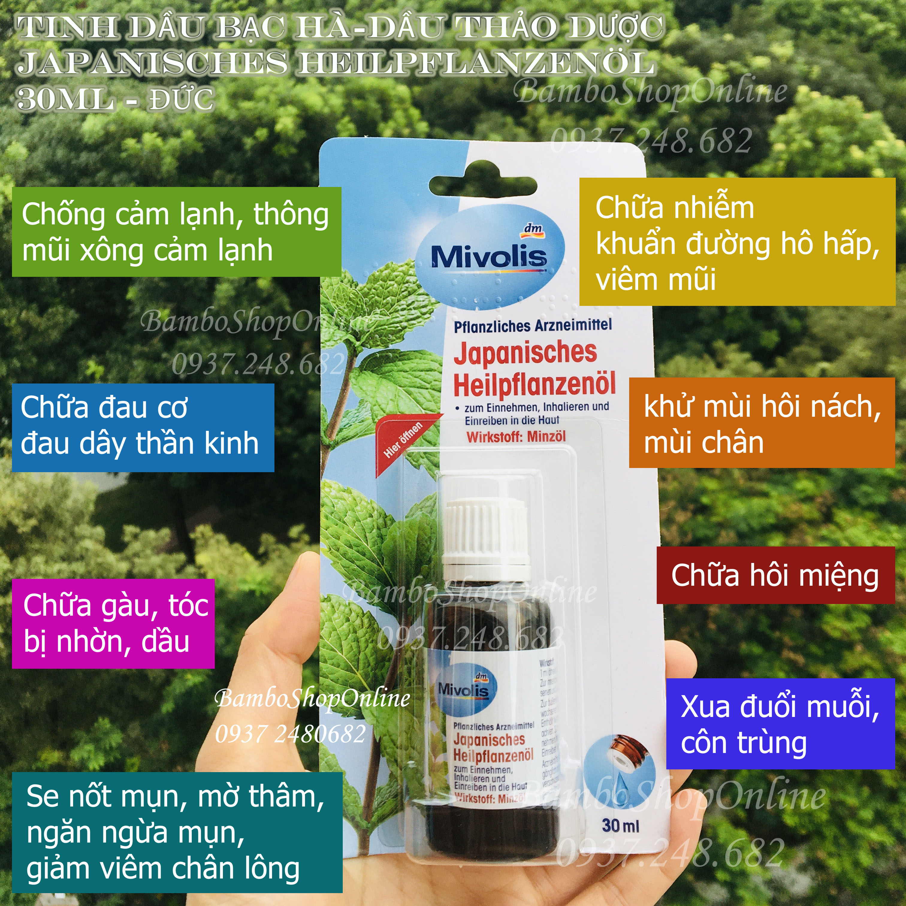 [Hàng nội địa Đức] Tinh dầu thảo dược bạc hà Japanisches Heilpflanzenö - Das Gesunde Mivolis. Giúp hết cảm cúm, xoa dịu các triệu chứng như đau đầu căng thẳng hoặc cảm,..
