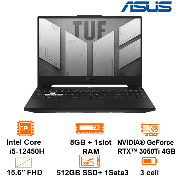 Laptop Asus TUF Gaming F15 - Black- 15.6 FHD LED 144Hz; Intel Core i5-12450H; 8GB+ 1slot; 512GB SSD; VGA RTX3050Ti 4GB; Wifi 6+ BT5.2; Alu A; LedKB RGB; Win11H; 2Y (FX517ZE-HN045W)