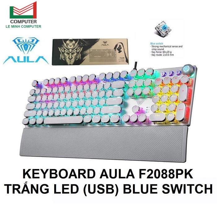 Bàn phím cơ keyboard aula f2088pk led white usb nút tròn blue switch