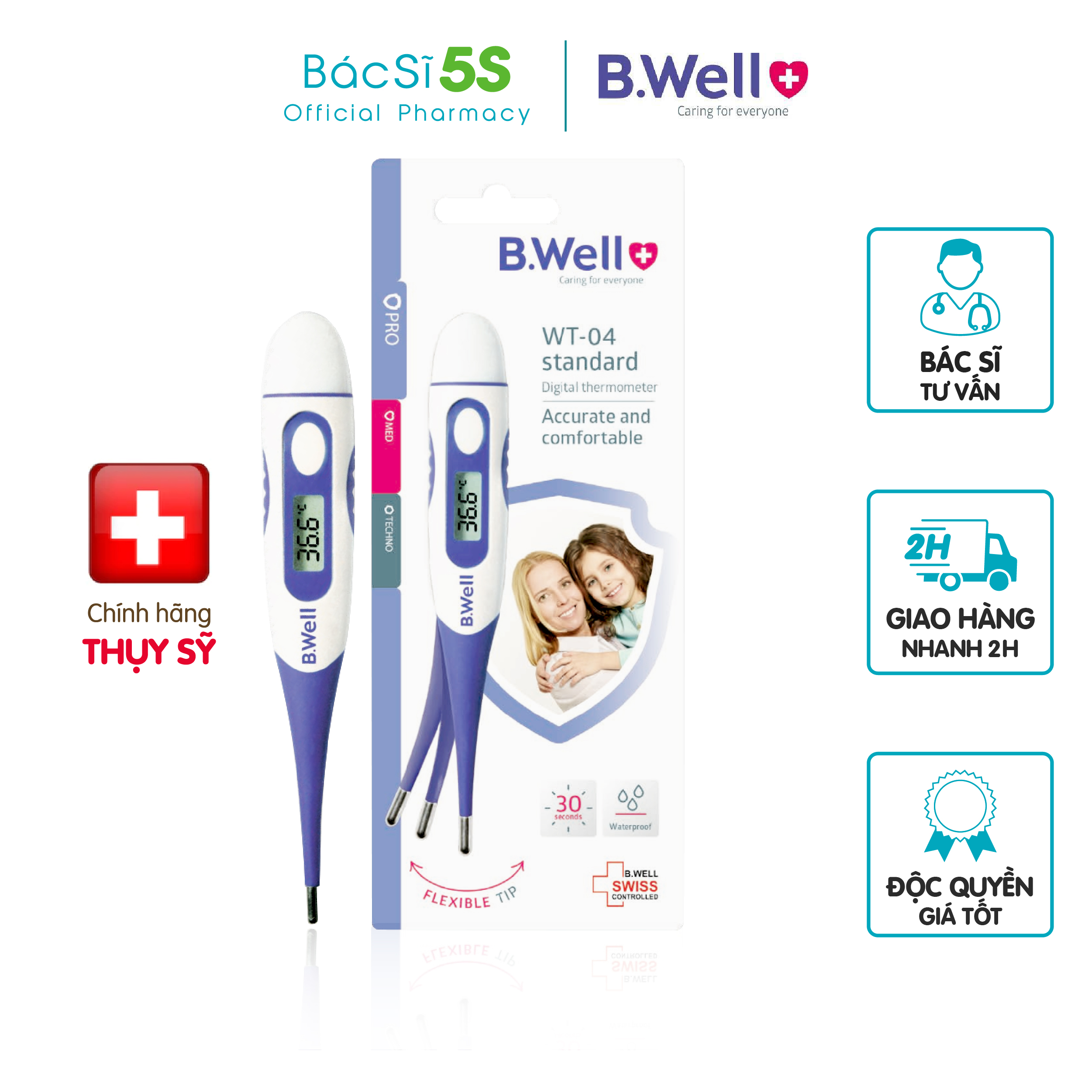 Nhiệt kế điện tử đo nhiệt độ cho bé sơ sinh, trẻ em B.Well WT.04 - chính xác, đầu dẻo linh hoạt, bé dễ chịu khi đo