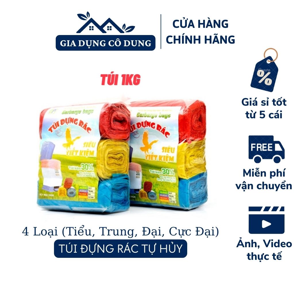 Combo 3 cuộn túi đựng rác tự hủy đủ cỡ (tiểu,trung,đại,cực đại)_Túi 1kg