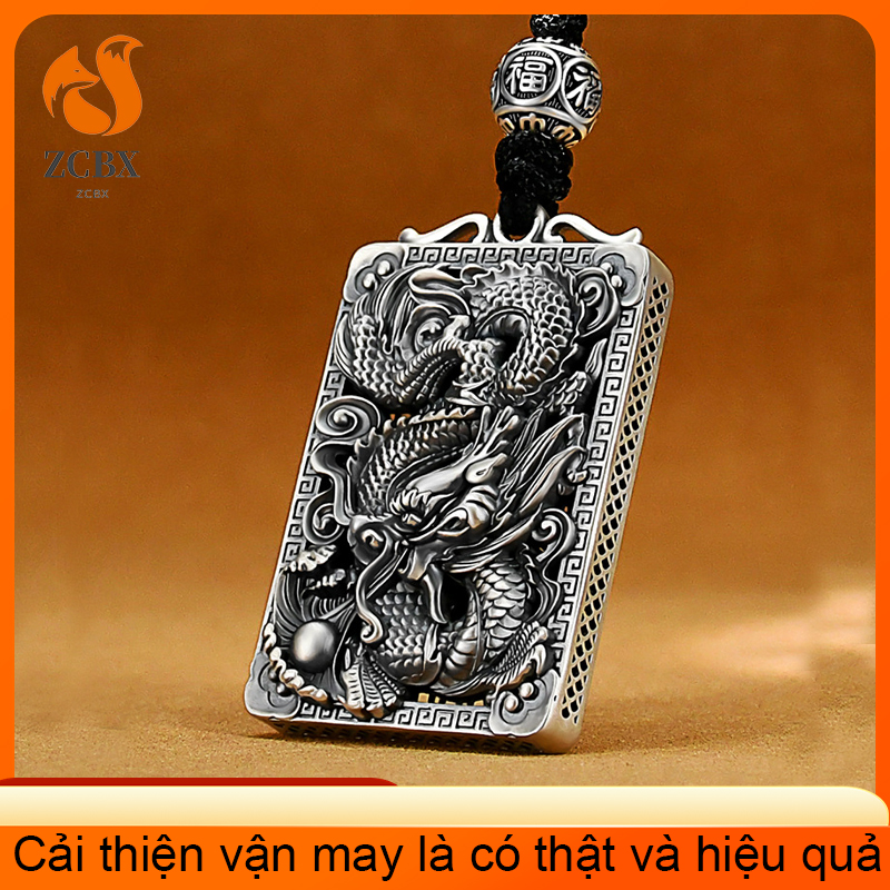 Nguyên Bản Chạm Khắc Hình Rồng Móc Khóa Mặt Dây Chuyền Mặt Dây Chuyền S999 Bạc Thái Nam Nữ Vuông Thương Hiệu Bùa Hộ Mệnh Mặt Dây Cầu Nguyện Bình An