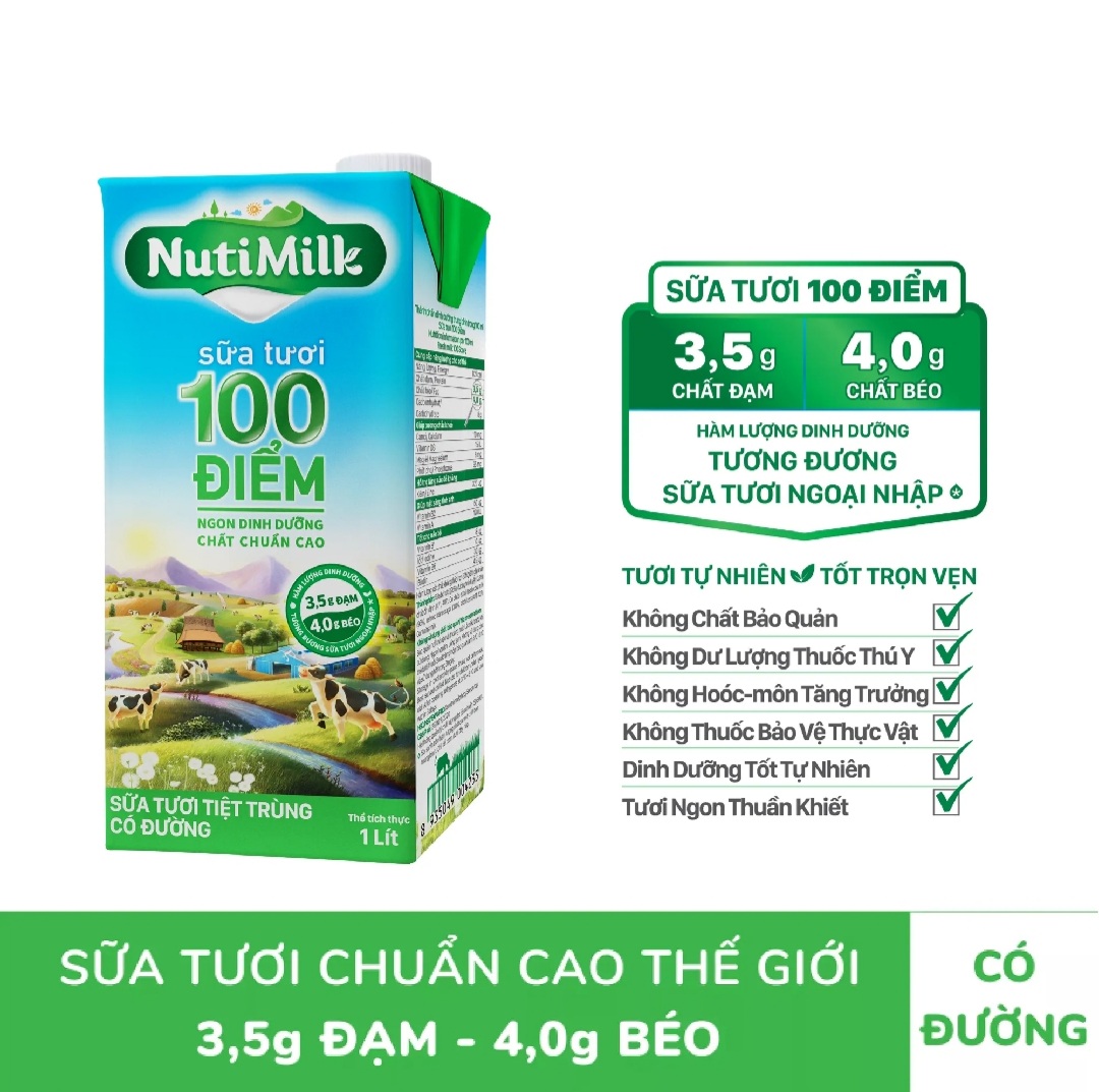 Lốc 4 Hộp NutiMilk Sữa tươi Tươi Sạch - Sữa tươi tiệt trùng Ít đường 180ml
