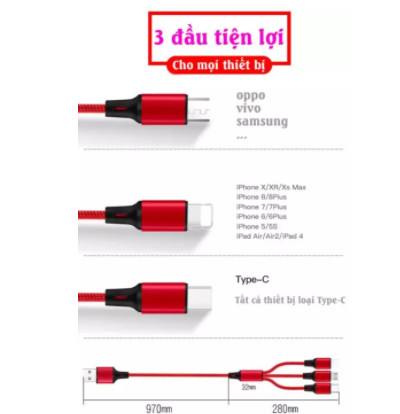Cáp bọc dù, cáp sạc đa năng 3 in 1 dùng cho mọi loại điện thoại dài 1.2m chống rối, đủ 3 chân lighning, cáp type C , cáp Micro.