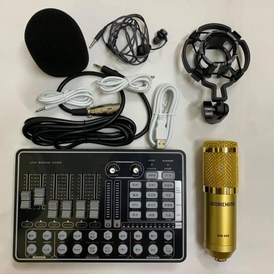 BỘ COMBO THU ÂM míc hát karaoke livestream online micro WOAICHANG BM-900 CARD H9 BLUETOOTH THẾ HỆ MỚI 21 HIỆU ỨNG tặng tai nghe