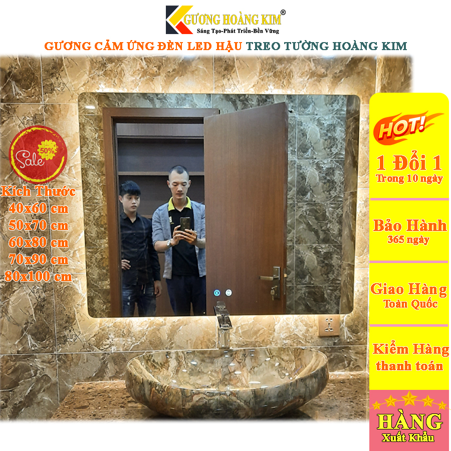 Gương led cảm ứng treo tường chữ nhật phòng tắm nhà tắm wc bàn trang điểm kích thước 40x60, 50x70cm guonghoangkim HK3012