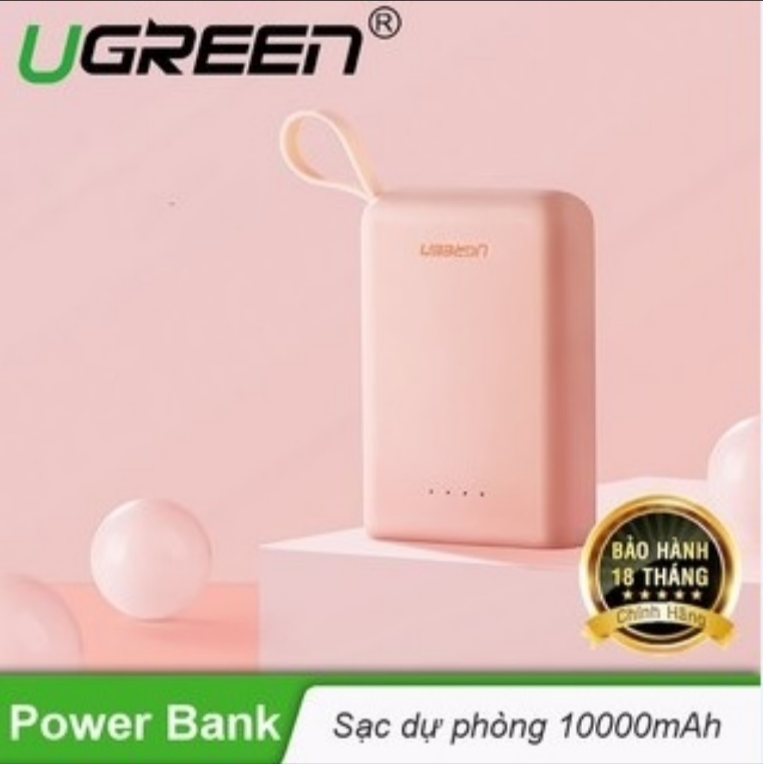 Sạc dự phòng 10000mah có móc treo tay, 2 cổng sạc usb, hỗ trợ 2 cổng micro usb và usb type c ugreen pb133 60197 màu hồng phấn