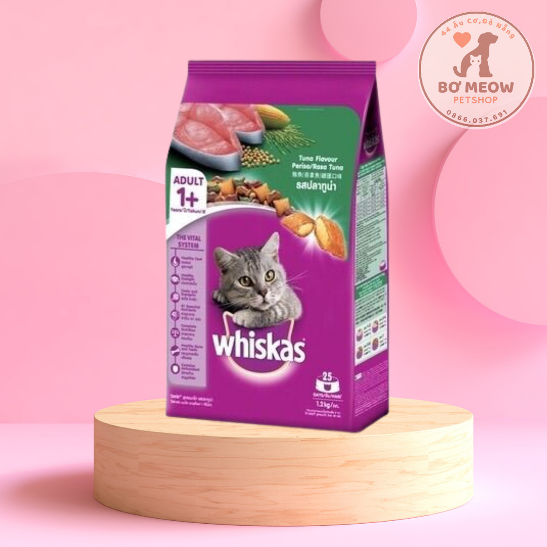 WHISKAS HẠT CHO MÈO LỚN 1 TUỔI TÚI 1,2KG tặng 1 gói 400g
