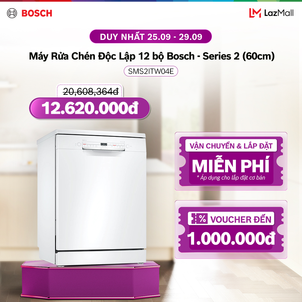 [25-29.9] Voucher Lazada đến 2TR | Máy Rửa Chén Bát Độc Lập 12 bộ Bosch SMS2ITW04E - Series 2 (60cm) - Hàng chính hãng