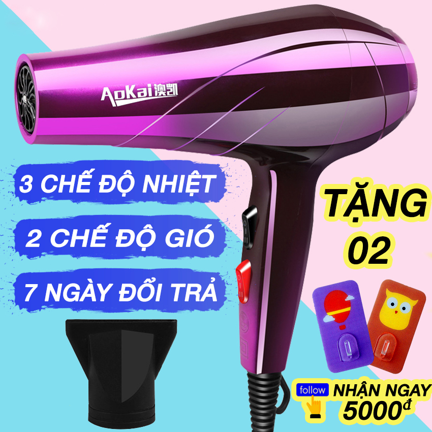 Máy sấy tóc tạo kiểu aokai 2 chiều nóng lạnh – công suất 2000w – tiếng ồn nhỏ , 3 mức độ nhiệt 2 mức độ gió – tặng móc