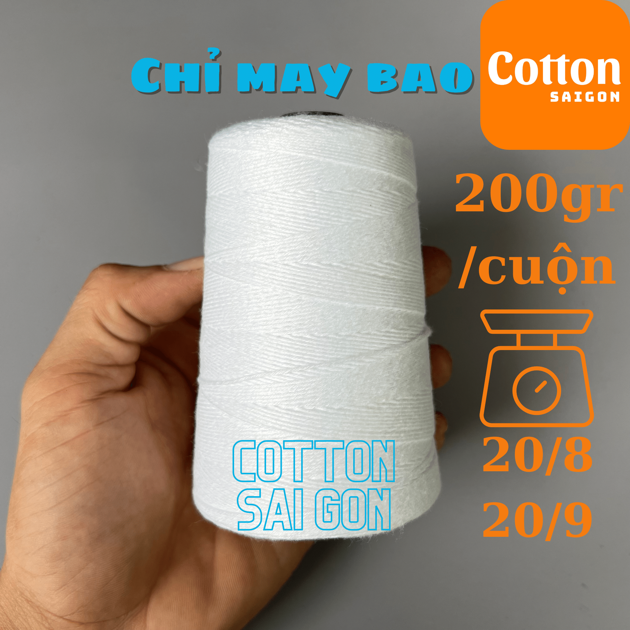 Chỉ may bao màu trắng loại 200gr/cuộn sợi 20/8 - 20/9