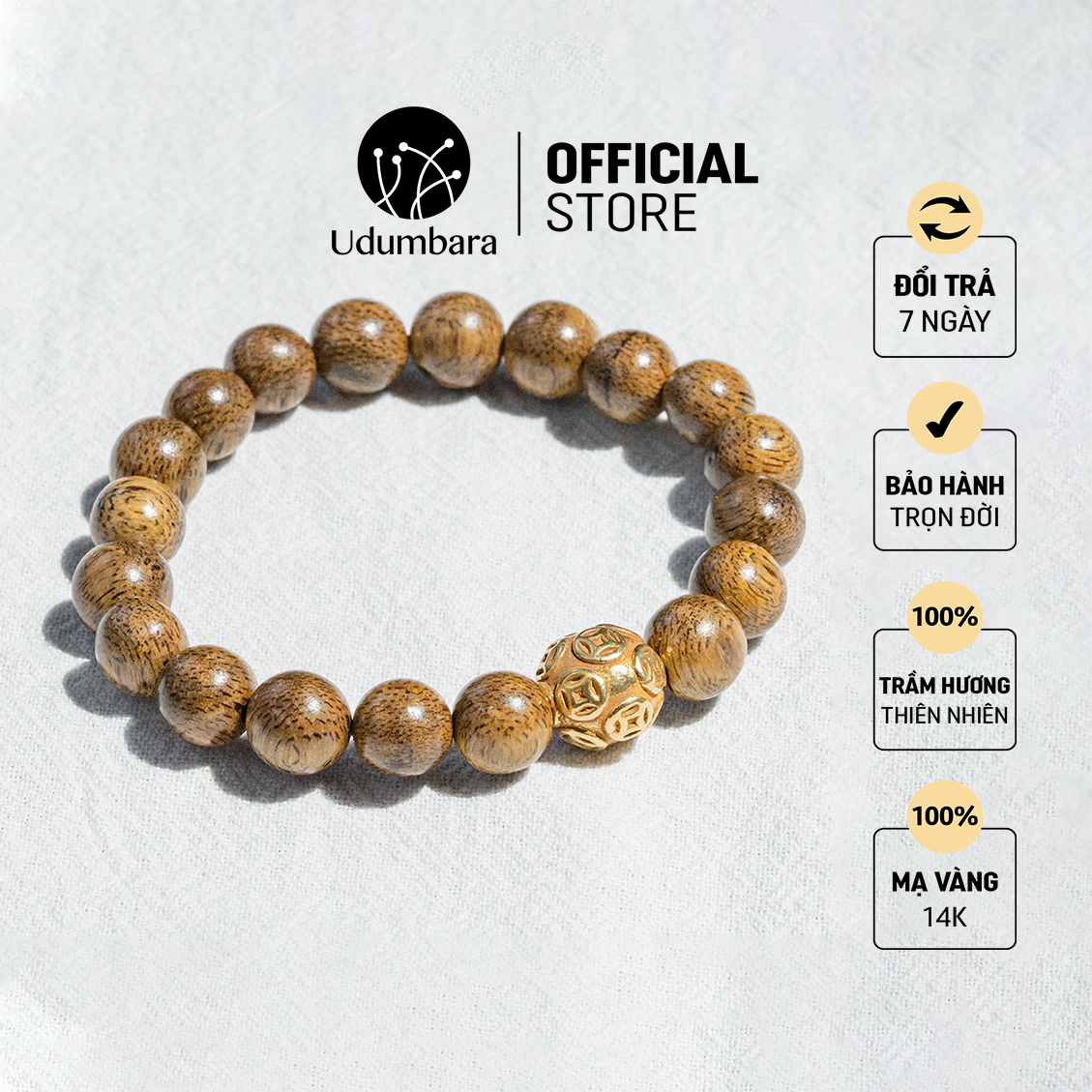 Vòng tay trầm hương charm bạc 925 tài lộc tự nhiên phong thủy Udum
