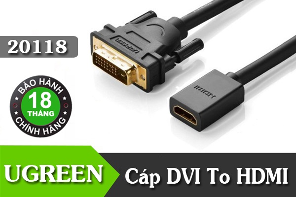 Cáp DVI sang HDMI với một đầu chuẩn DVI 24+1 ra chuẩn nối HDMI âm hỗ trợ Full HD 1080p Ugreen 20118 - Hàng chính hãng