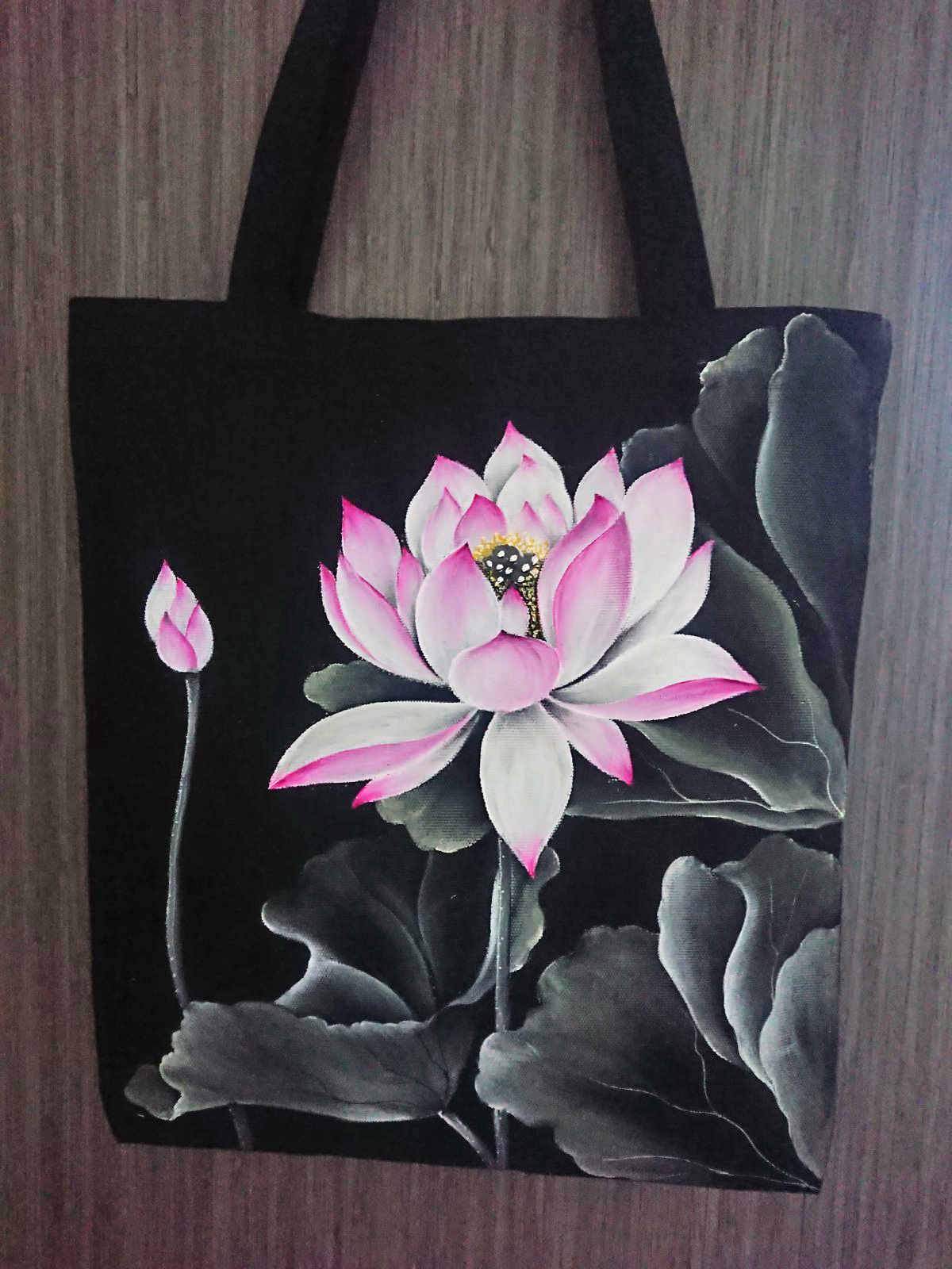Túi Tote Canvas Eco Bag loại A, vẽ thủ công 100% rất tinh xảo. Hoạ tiết Hoa mẫu đơn - Size: 32x36 cm